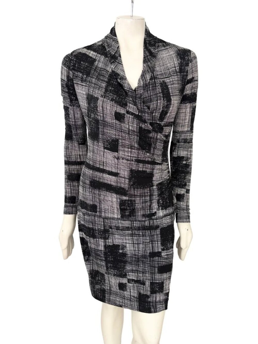 NORMA KAMALI Long Sleeve Faux Wrap Dress Black White SZ S